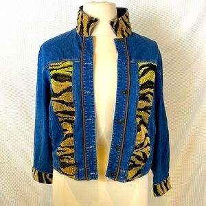 Vintage Erin London Stretch Denim Animal Print Jacket Size L